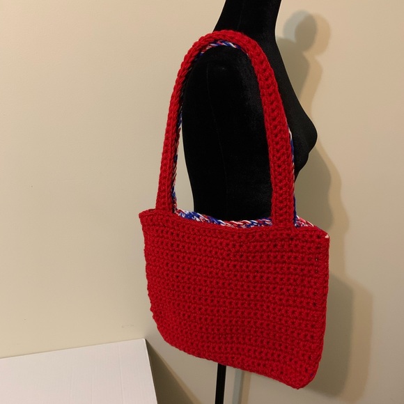 Shoulder Bag Red,White,Blue Mix, Shoulder Bag, handmade, crocheted - Picture 2 of 16